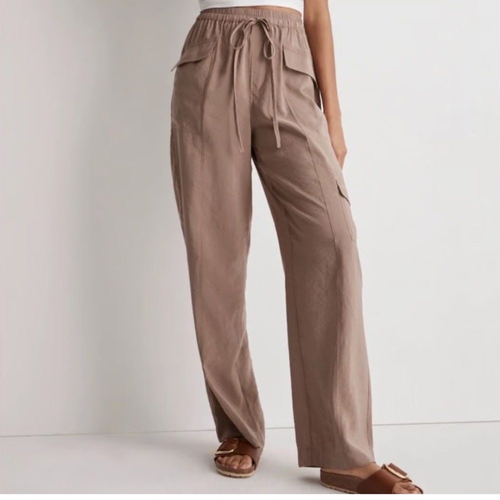 Madewell Softdrape Straight Cargo Pants Brown Petite Small SP Elastic Waist Draw